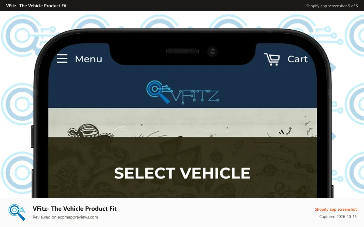 VFitz‑ The Vehicle Product Fit Shopify app screenshot: Mobile Using key searches such as the “Year Make Model Trim YMM