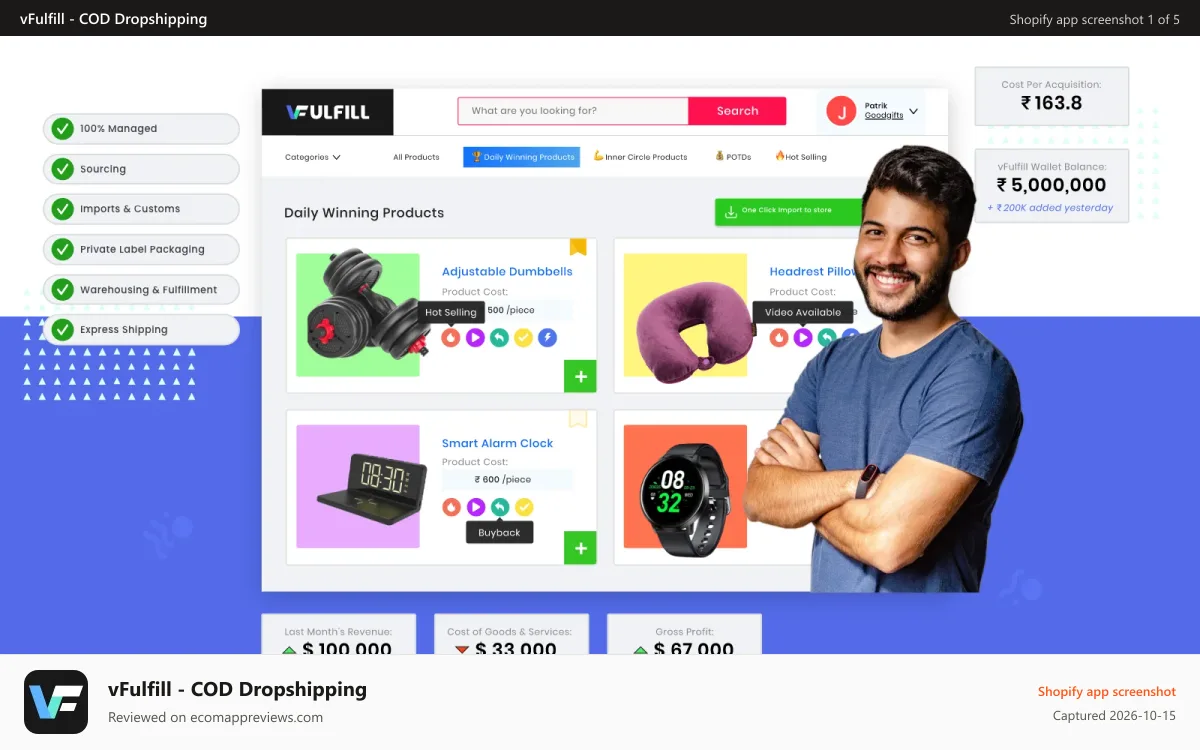vFulfill ‑ COD Dropshipping Shopify app screenshot: vFulfill COD Drop shipping 100% managed platform