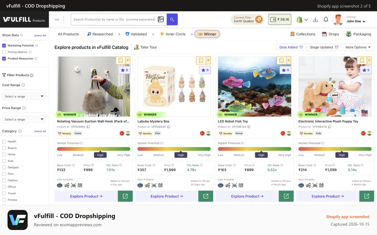 vFulfill ‑ COD Dropshipping Shopify app screenshot: vFulfill Inner Circle Catalog With Daily Winning Products