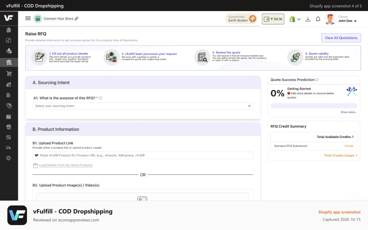 vFulfill ‑ COD Dropshipping Shopify app screenshot: Smart Sourcing: Request, Review, and Approve Supplier Quotes