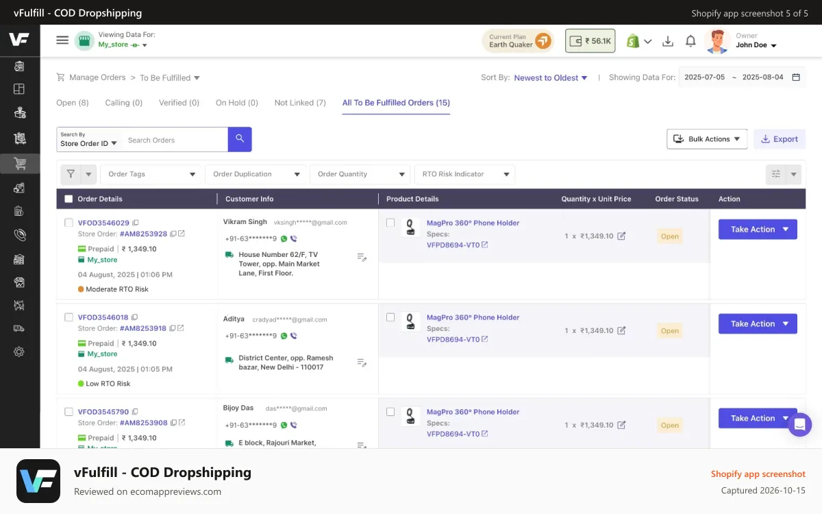vFulfill ‑ COD Dropshipping Shopify app screenshot: Multi Level Built-In Order Management System