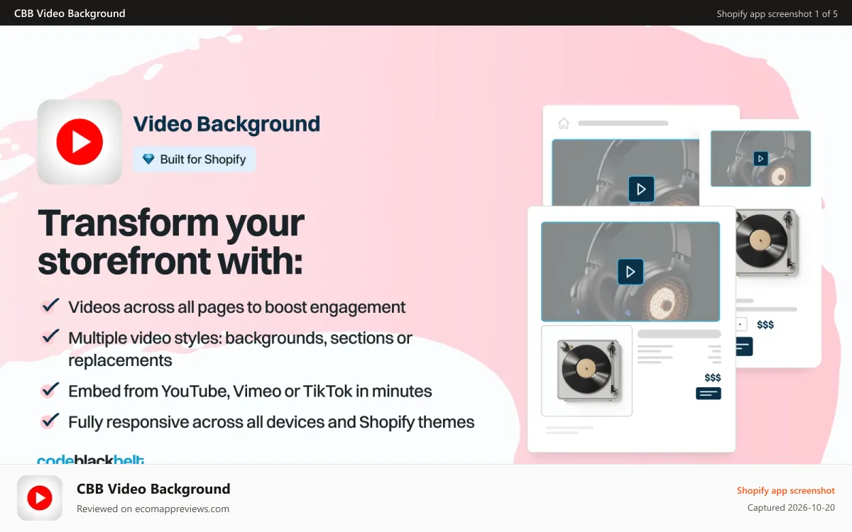 CBB Video Background Shopify app screenshot: Transform your store front with Video Background