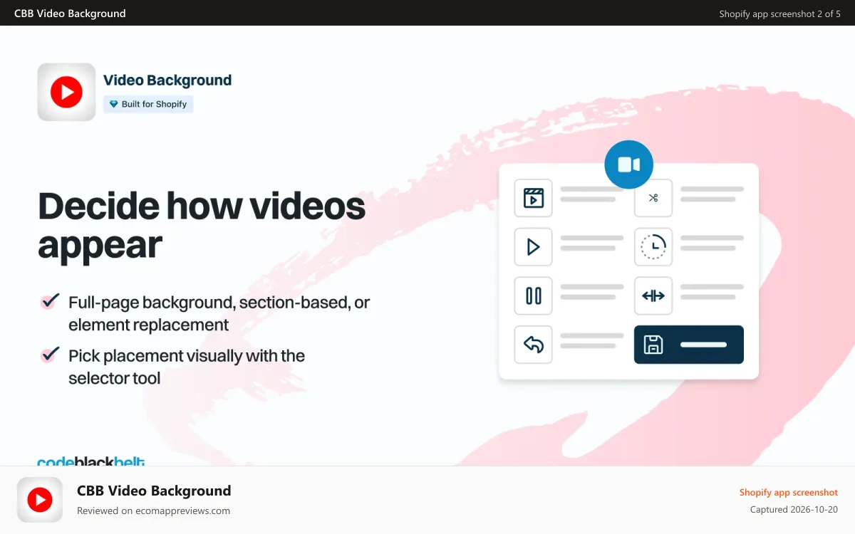 CBB Video Background Shopify app screenshot: Decide how videos appear