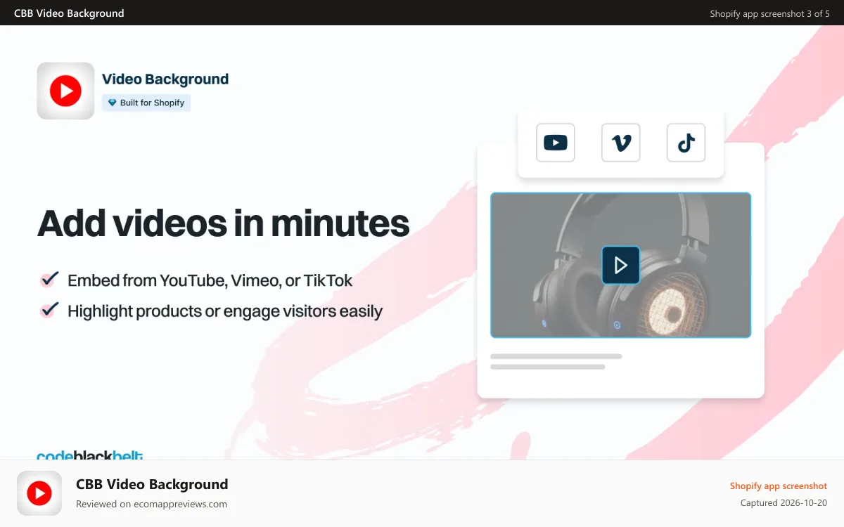 CBB Video Background Shopify app screenshot: Add videos in minutes