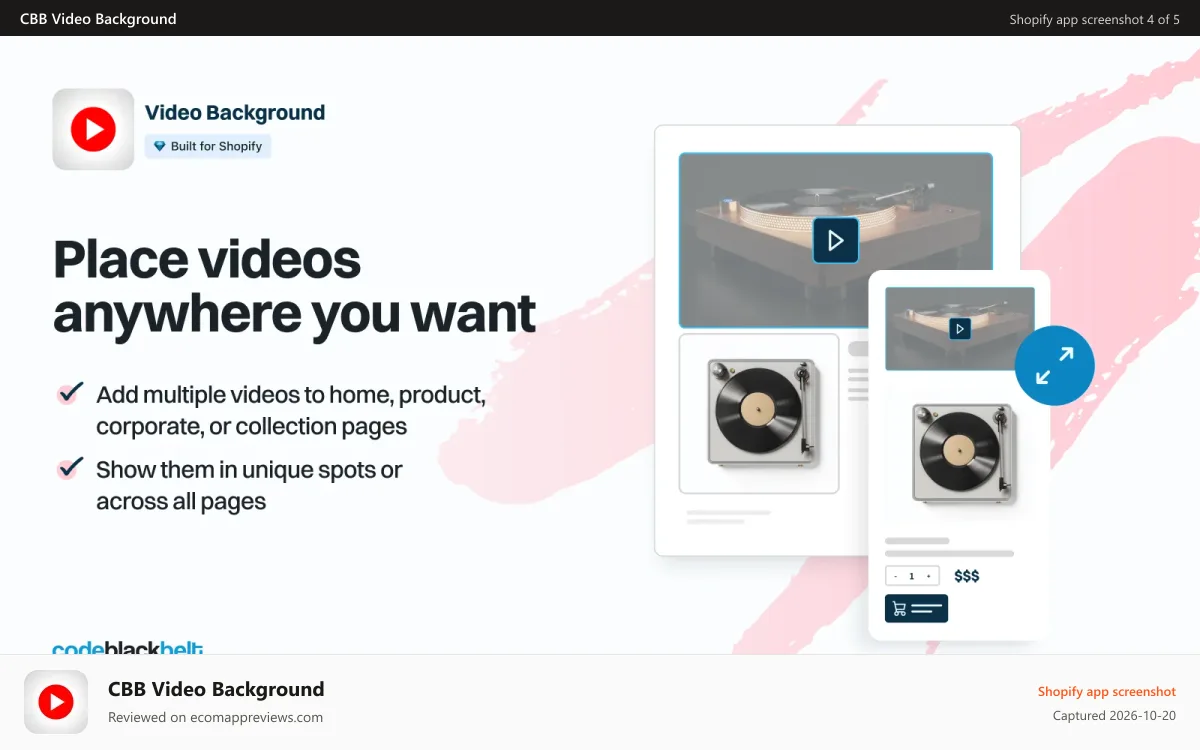 CBB Video Background Shopify app screenshot: Place videos anywhere you want