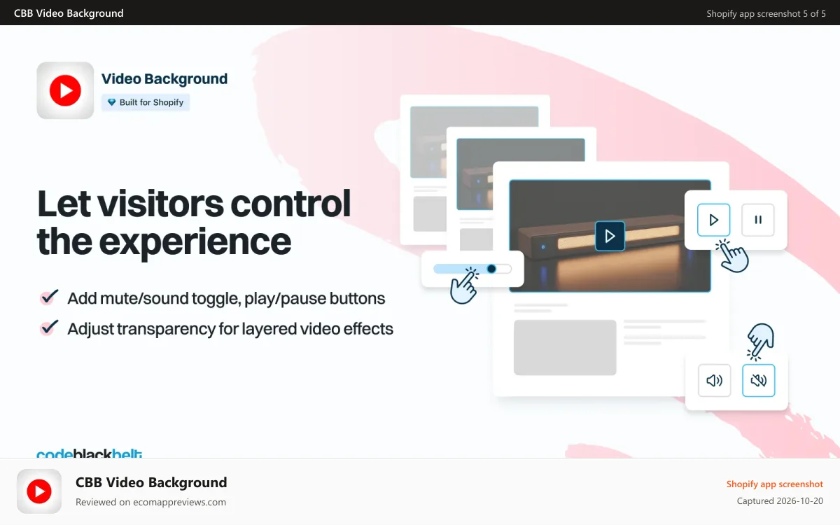 CBB Video Background Shopify app screenshot: Let visitors control the experience
