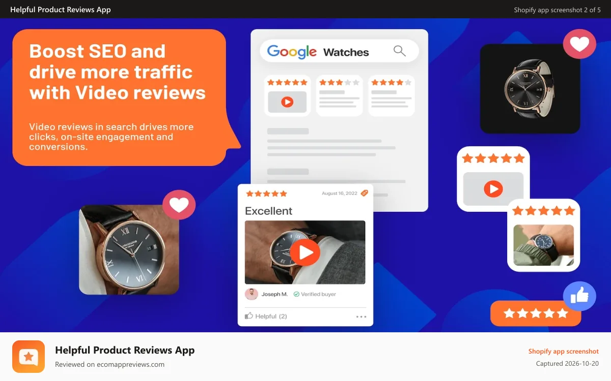 Helpful Product Reviews App Shopify app screenshot: HelpfulCrowd reviews drives more traffic with video reviews