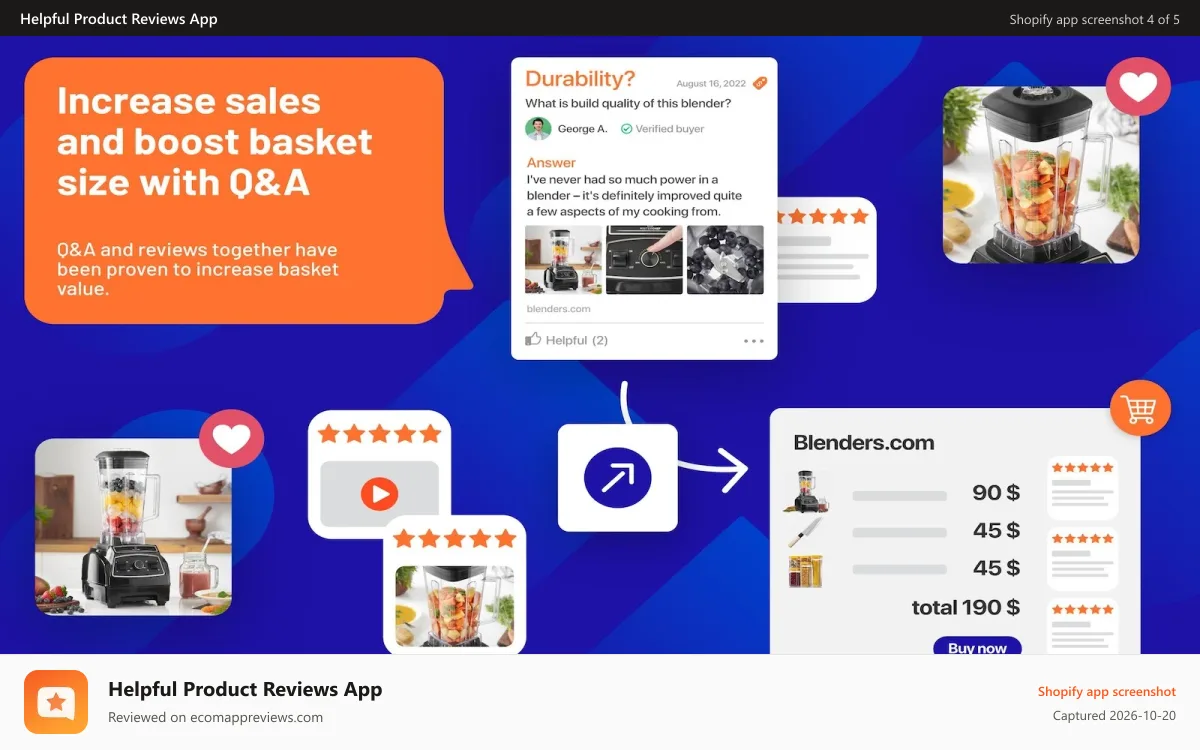 Helpful Product Reviews App Shopify app screenshot: HelpfulCrowd reviews with Q&A double sales and boost basket size