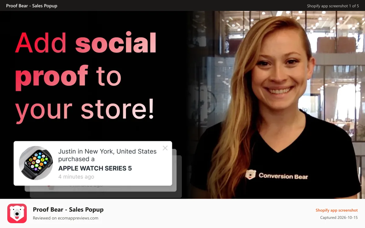 Proof Bear ‑ Sales Popup Shopify app screenshot: faces of people and sales popup in shopify store