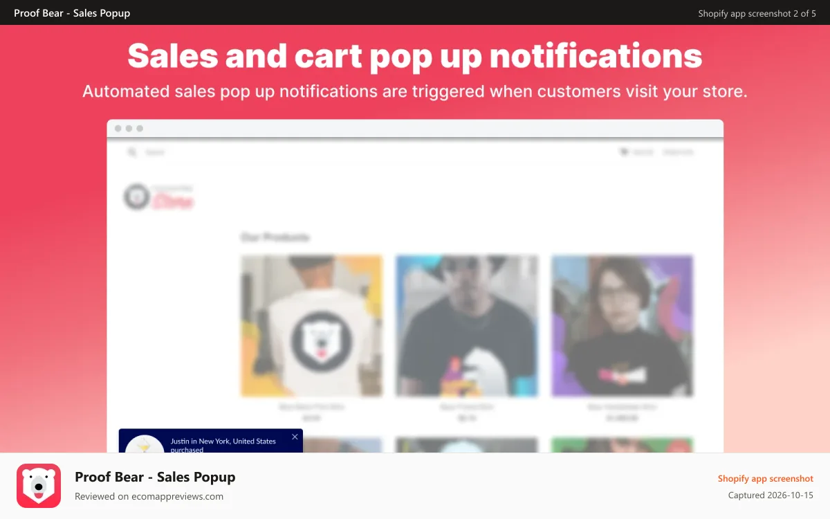Proof Bear ‑ Sales Popup Shopify app screenshot: Sales popup cart notifications pop up conversion bear