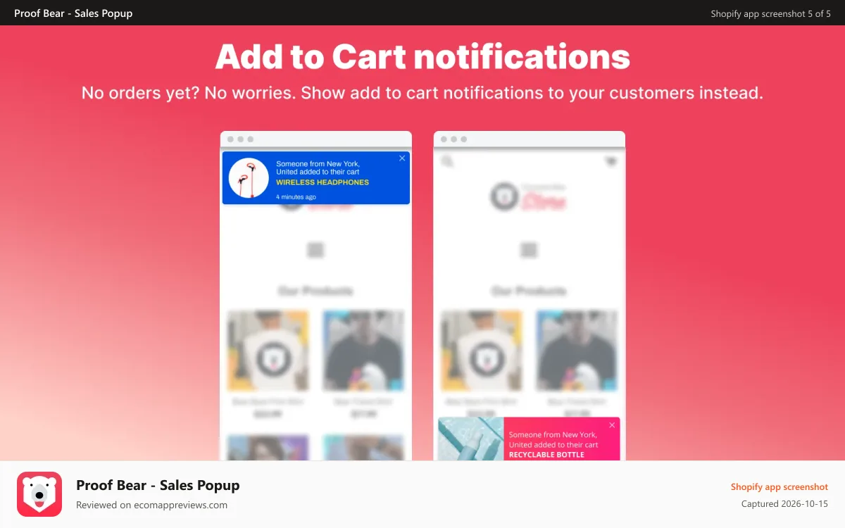 Proof Bear ‑ Sales Popup Shopify app screenshot: recently sold, recent sales, sales notification, sales activity