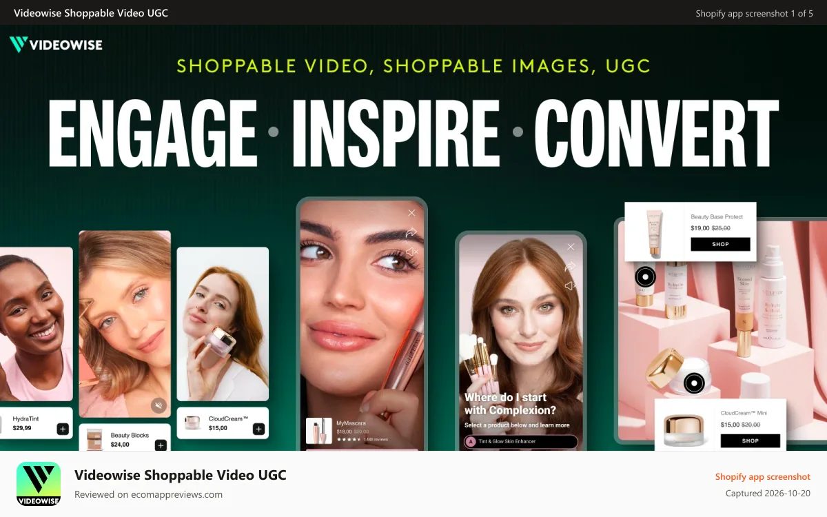 Videowise Shoppable Video UGC Shopify app screenshot: Shoppable videos and UGC, Livemeup, Bambuser, Firework, Tolstoy