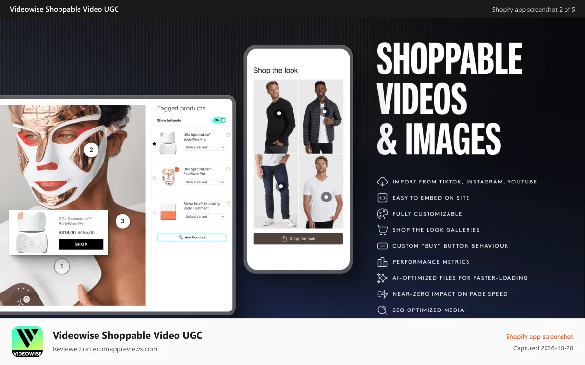 Videowise Shoppable Video UGC Shopify app screenshot: shoppable videos, shoppable images, UGC videos, video carousel