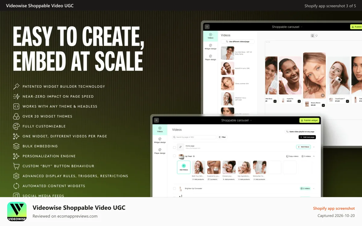 Videowise Shoppable Video UGC Shopify app screenshot: Shoppable video, video player, video UGC, video reviews,