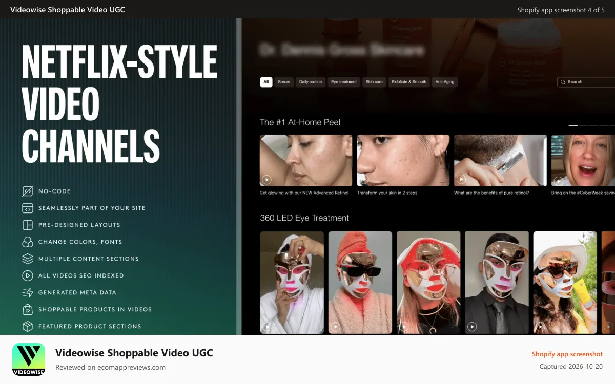 Videowise Shoppable Video UGC Shopify app screenshot: Video channels, video maker, video hub, video slideshow