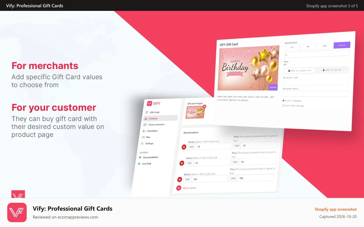 Vify: Professional Gift Cards Shopify app screenshot: custom gift card value