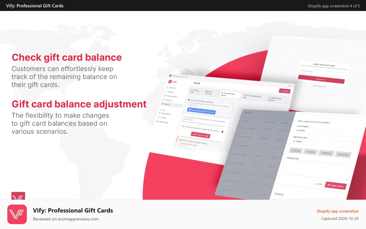 Vify: Professional Gift Cards Shopify app screenshot: gift card balance adjustment