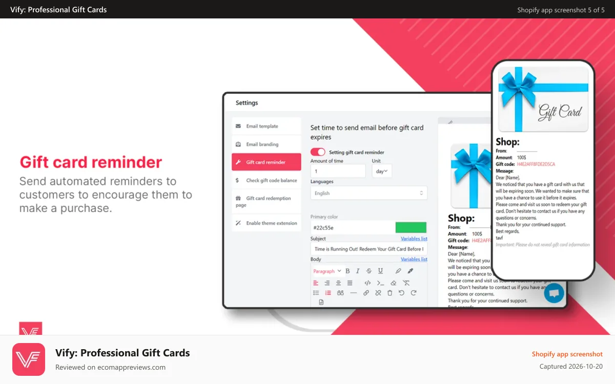 Vify: Professional Gift Cards Shopify app screenshot: Gift card reminder