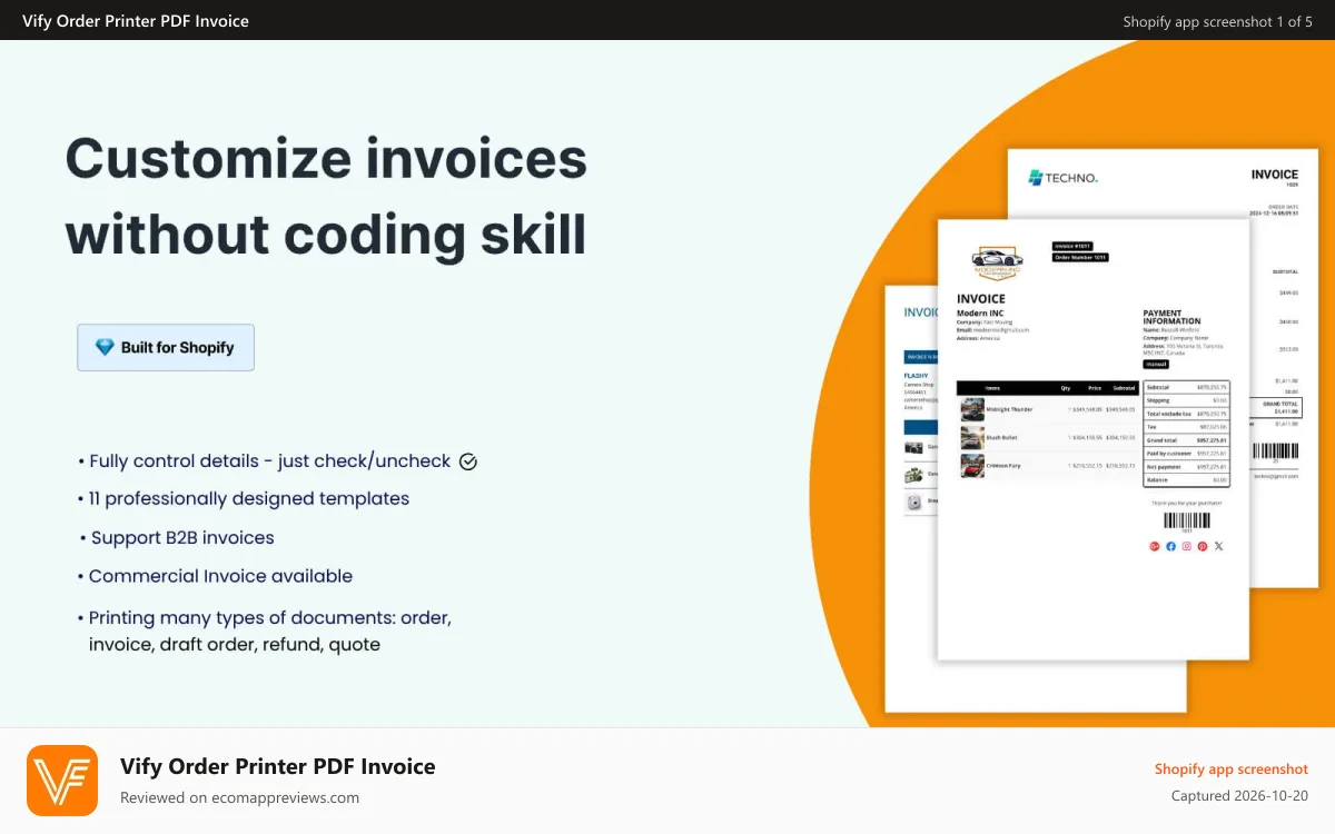 Vify Order Printer PDF Invoice Shopify app screenshot: Auto-generate PDF invoices, receipts, refund and packing slips
