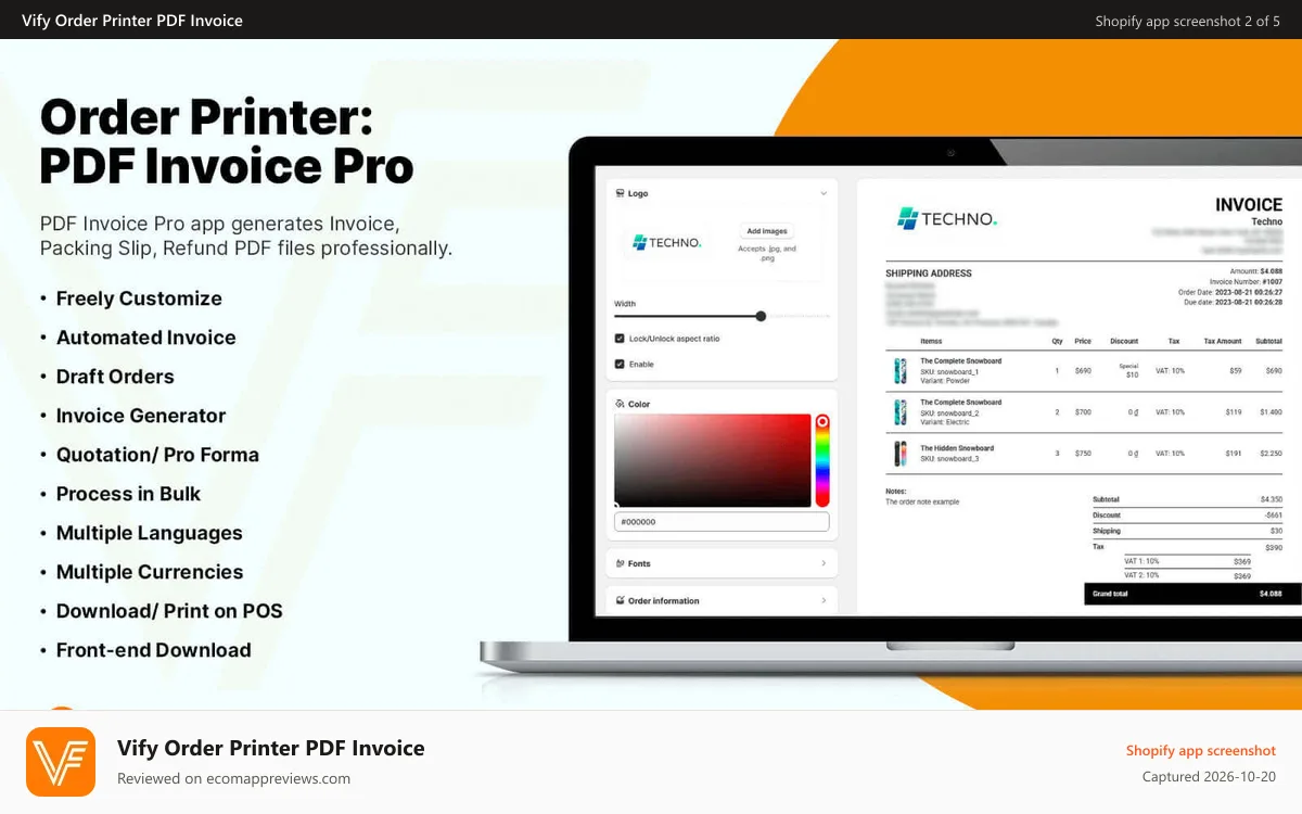 Vify Order Printer PDF Invoice Shopify app screenshot: Core features of Vify Order Printer PDF Invoice app