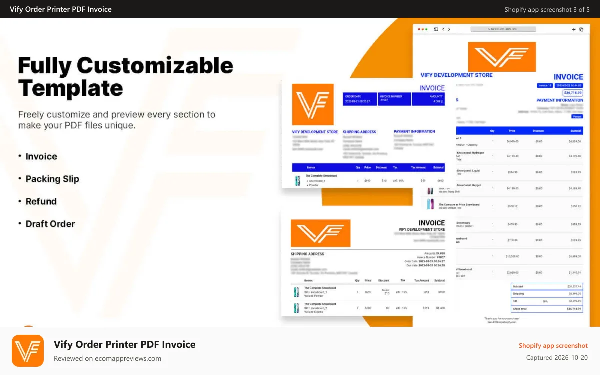 Vify Order Printer PDF Invoice Shopify app screenshot: Customizable templates - Vify invoicing app