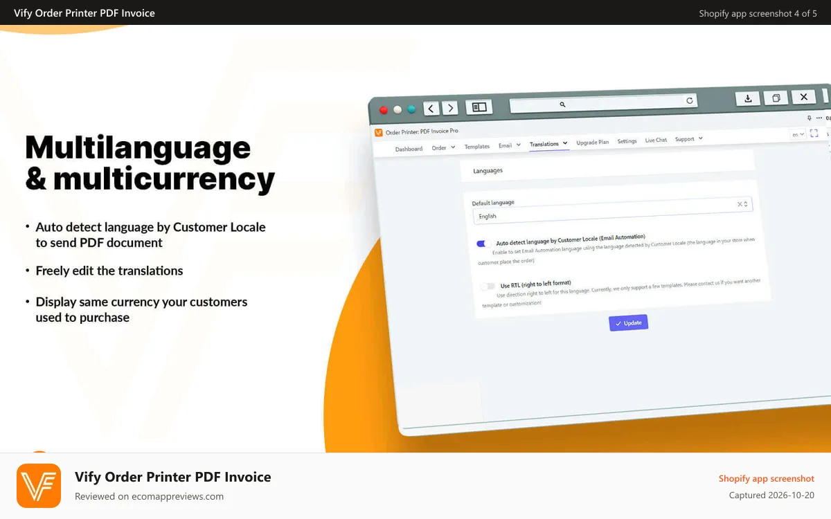Vify Order Printer PDF Invoice Shopify app screenshot: Multi-language & multi-currency support