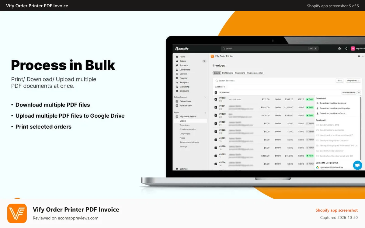 Vify Order Printer PDF Invoice Shopify app screenshot: Bulk Process - print/download multiple invoices/orders