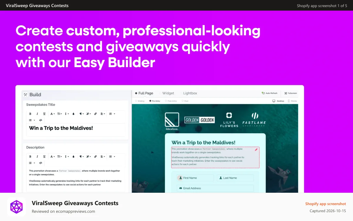 ViralSweep Giveaways Contests Shopify app screenshot: giveaway, contest, sweepstakes, raffle, giveaways