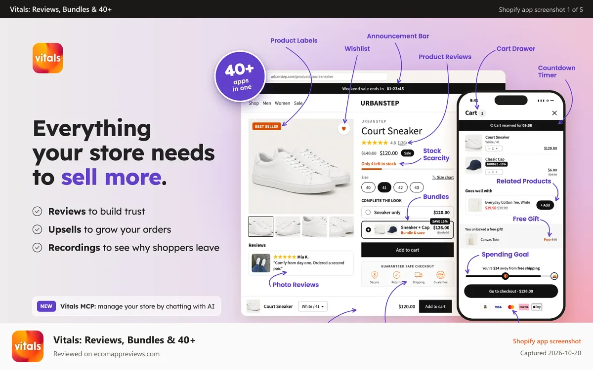 Vitals: Reviews, Bundles & 40+ Shopify app screenshot: 40+ apps in one: reviews, upsells and more for your store