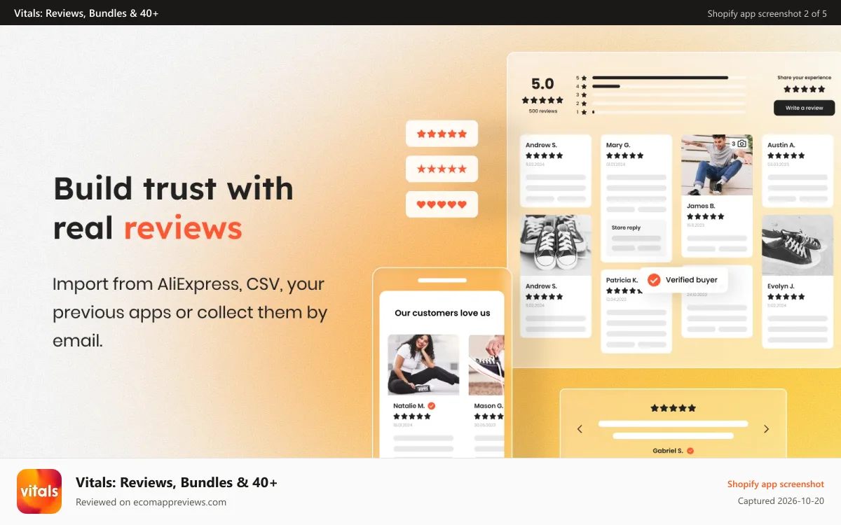 Vitals: Reviews, Bundles & 40+ Shopify app screenshot: Product reviews. Import from AliExpress, CSV or email