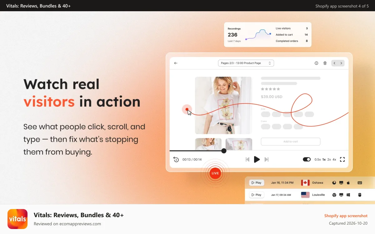 Vitals: Reviews, Bundles & 40+ Shopify app screenshot: Visitor recordings with live sessions for better optimization