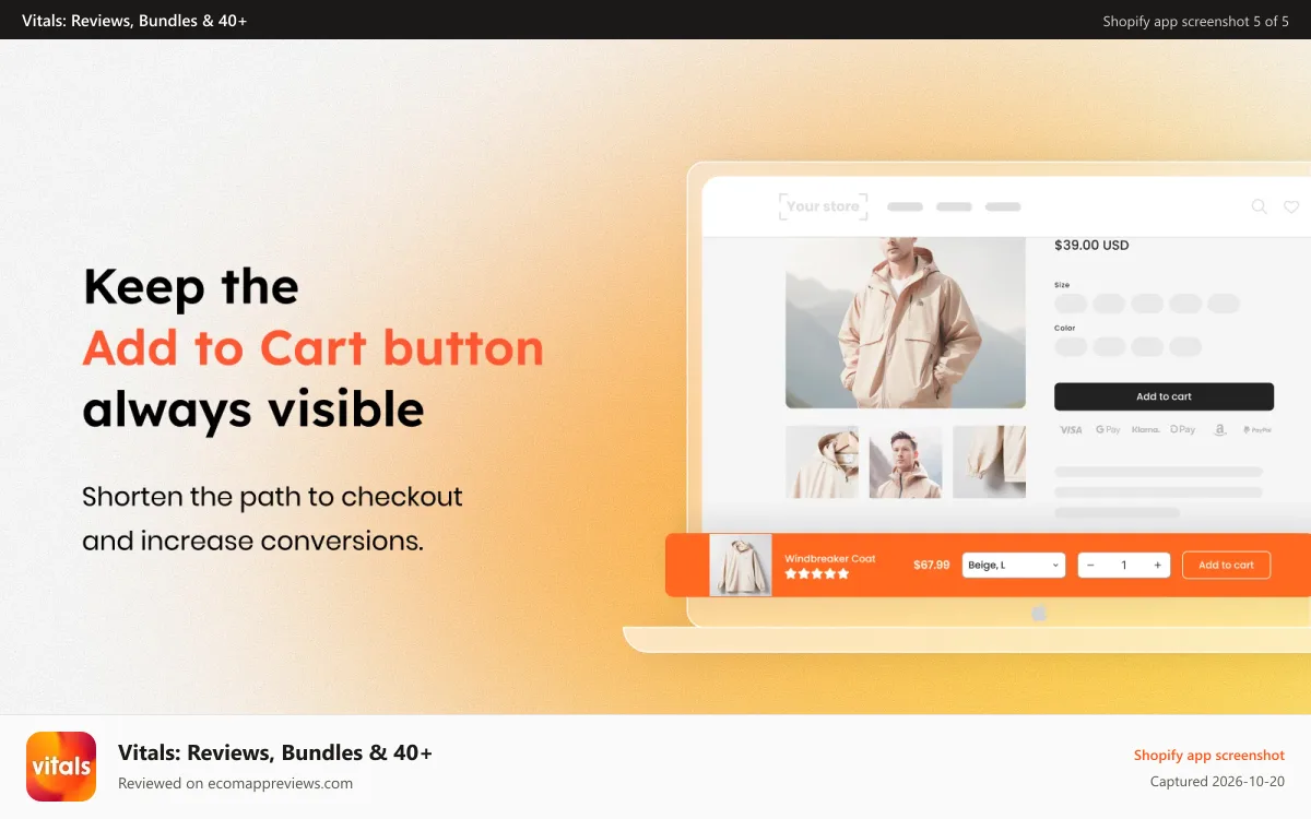 Vitals: Reviews, Bundles & 40+ Shopify app screenshot: Sticky Add to Cart button visible on scroll for more conversions