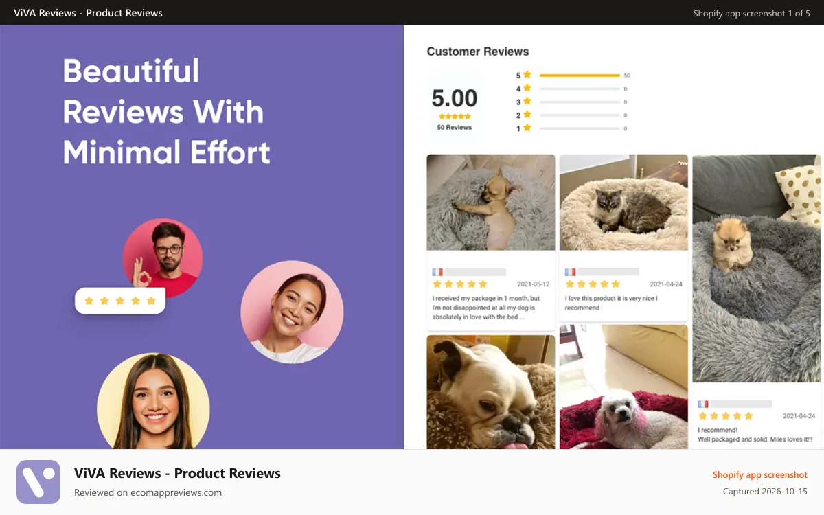 ViVA Reviews ‑ Product Reviews Shopify app screenshot: Beautiful reviews with minimal effort