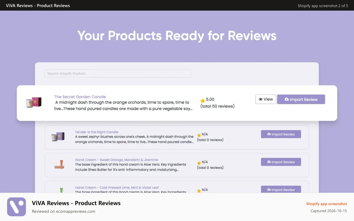 ViVA Reviews ‑ Product Reviews Shopify app screenshot: Your Products Ready for Reviews