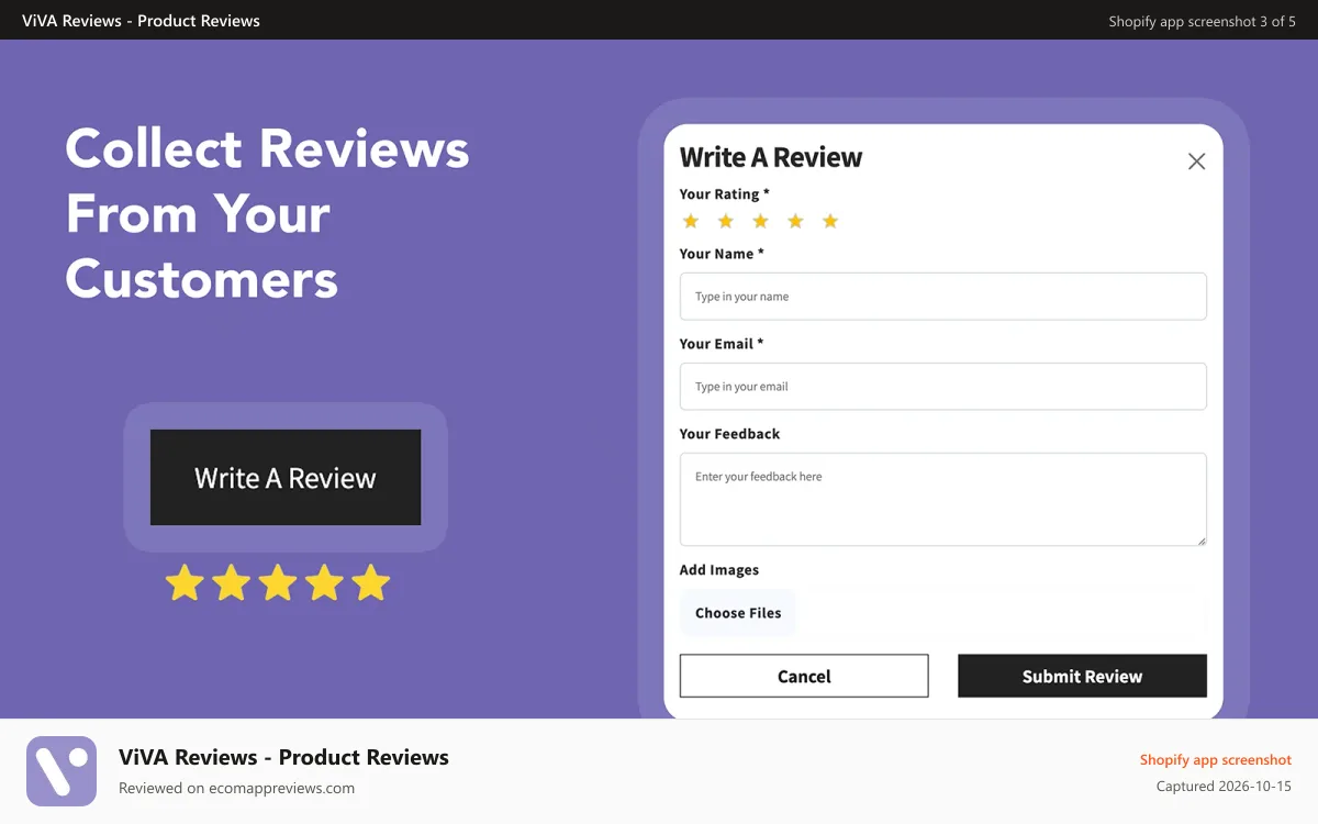 ViVA Reviews ‑ Product Reviews Shopify app screenshot: Collect Reviews From Your Customers