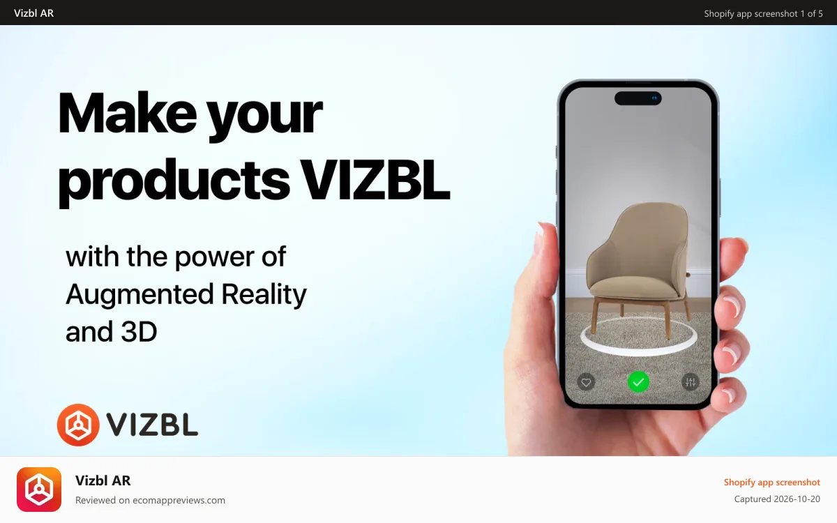 Vizbl AR Shopify app screenshot: Immersive shopping experience with Augmented Reality and 3D