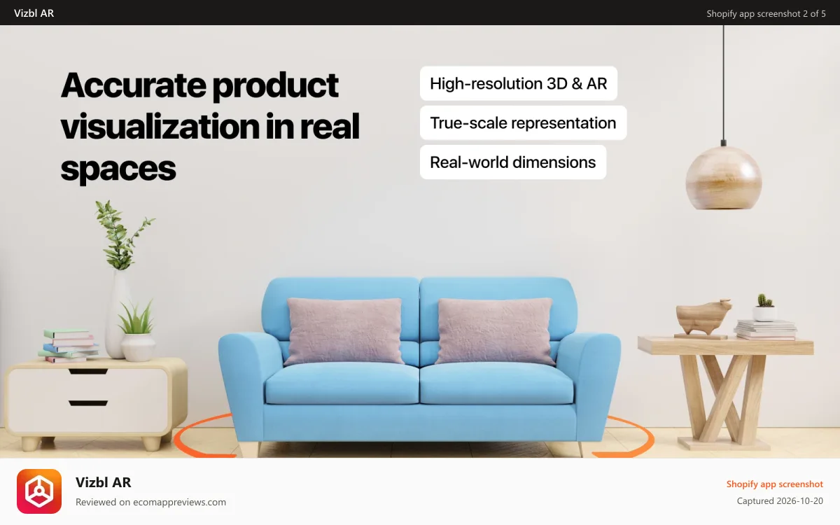 Vizbl AR Shopify app screenshot: Accurate product visualization in real spaces