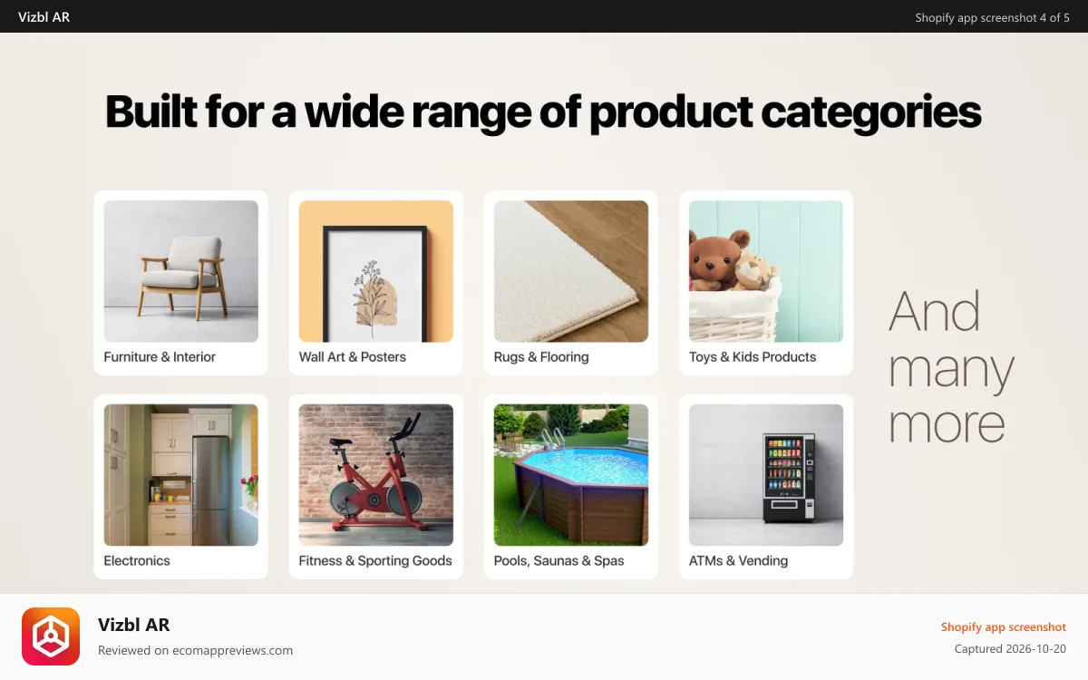Vizbl AR Shopify app screenshot: Built for a wide range of product categories
