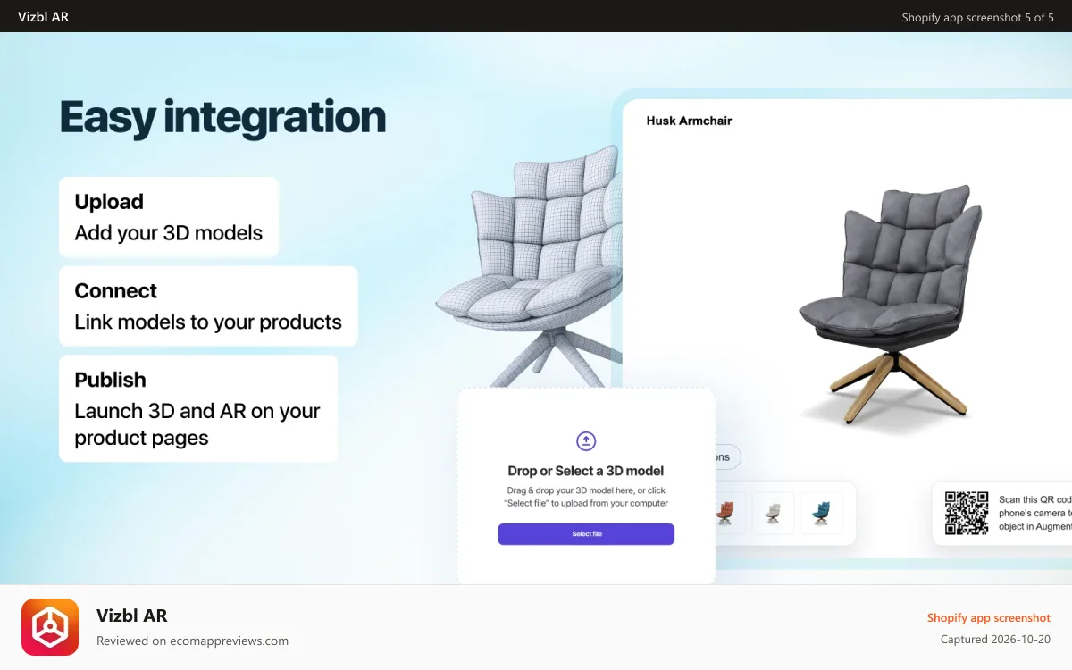 Vizbl AR Shopify app screenshot: Easy integration