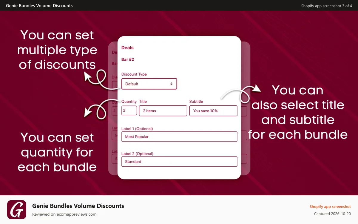 Genie Bundles Volume Discounts Shopify app screenshot: Support many types of discounts