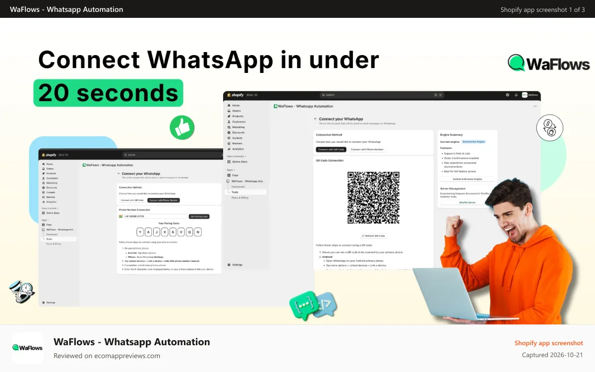 WaFlows ‑ Whatsapp Automation Shopify app screenshot: Connect WhatsApp in few seconds
