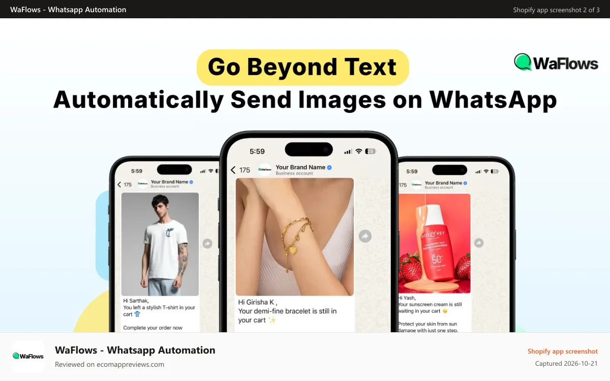 WaFlows ‑ Whatsapp Automation Shopify app screenshot: Send product images on WhatsApp
