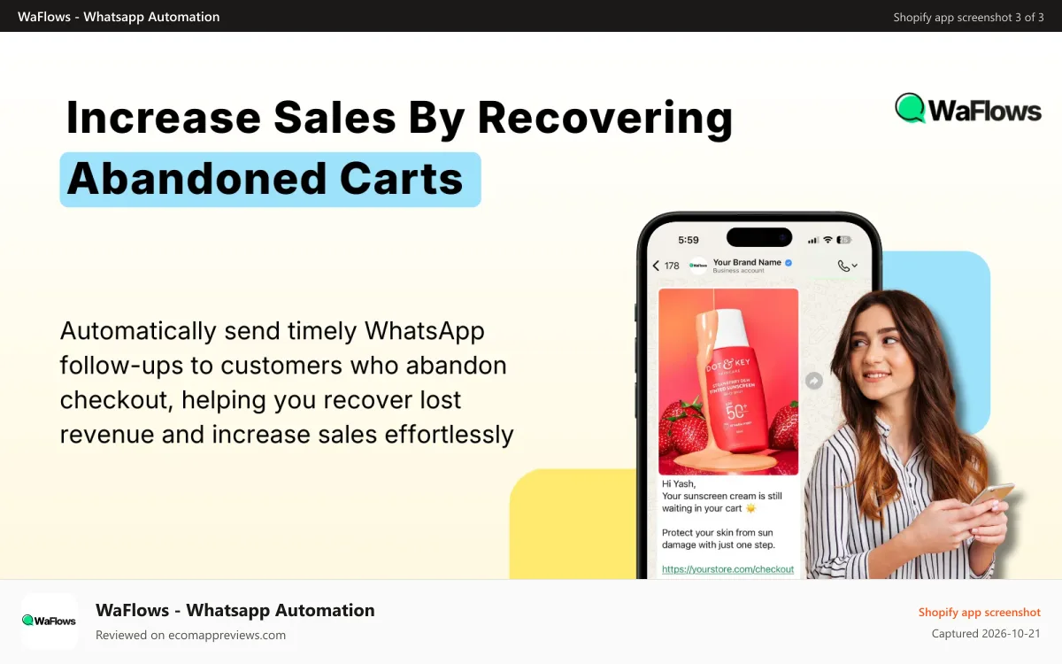 WaFlows ‑ Whatsapp Automation Shopify app screenshot: Increase Sales By Recovering Abandoned Carts