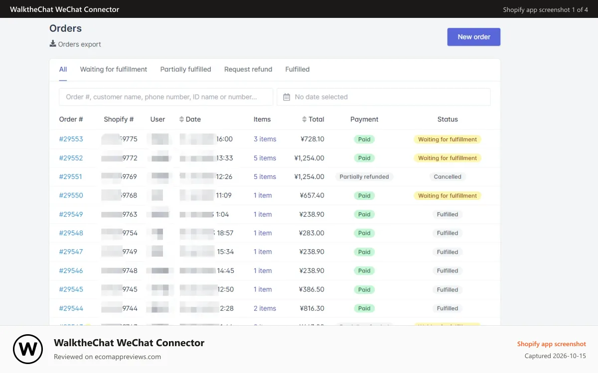 WalktheChat WeChat Connector Shopify app screenshot: order management