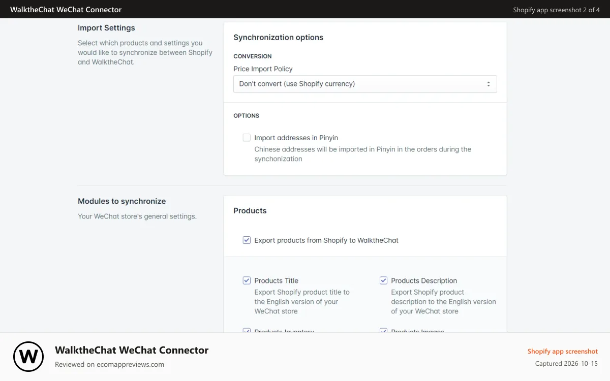 WalktheChat WeChat Connector Shopify app screenshot: Shopify settings