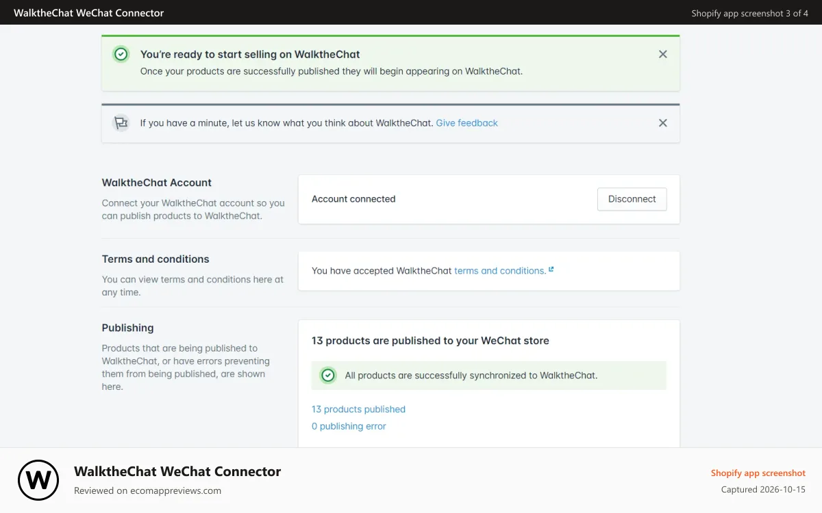 WalktheChat WeChat Connector Shopify app screenshot: Product publishing