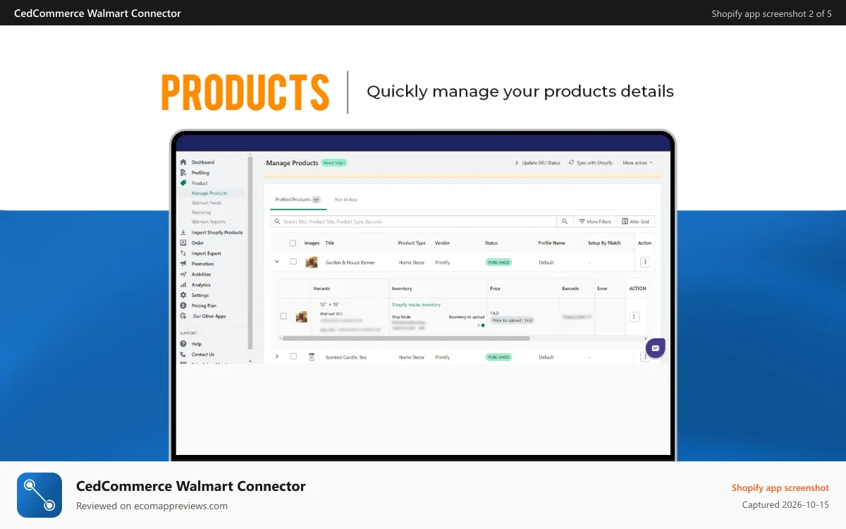 CedCommerce Walmart Connector Shopify app screenshot: Shows all the products imported from Shopify to the app.