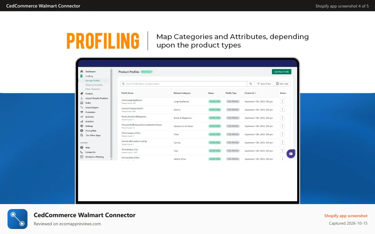 CedCommerce Walmart Connector Shopify app screenshot: Create profile to manage products under one Walmart Category