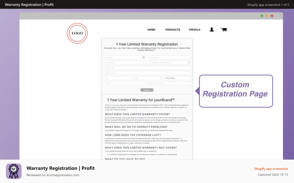 Warranty Registration | Profit Shopify app screenshot: Sign up warranty registration