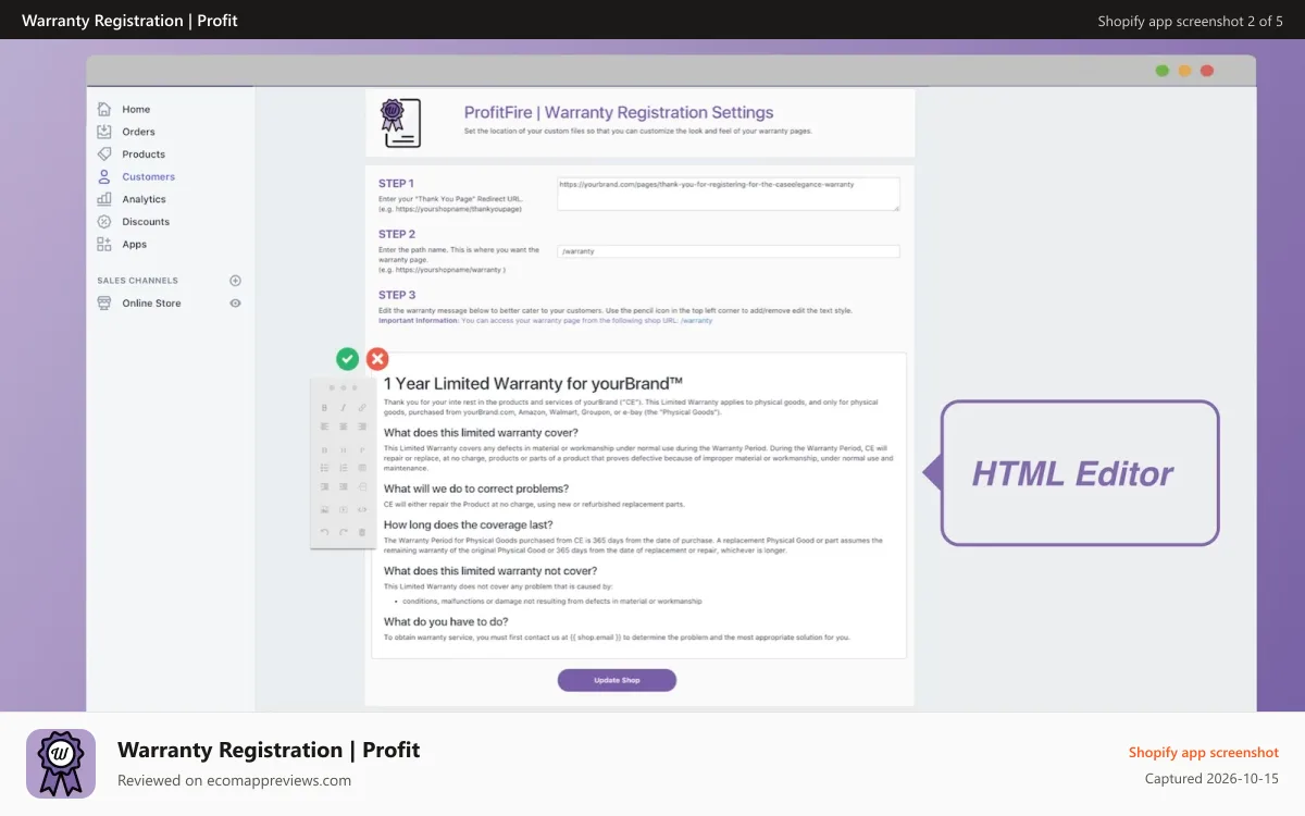 Warranty Registration | Profit Shopify app screenshot: HTML Editor